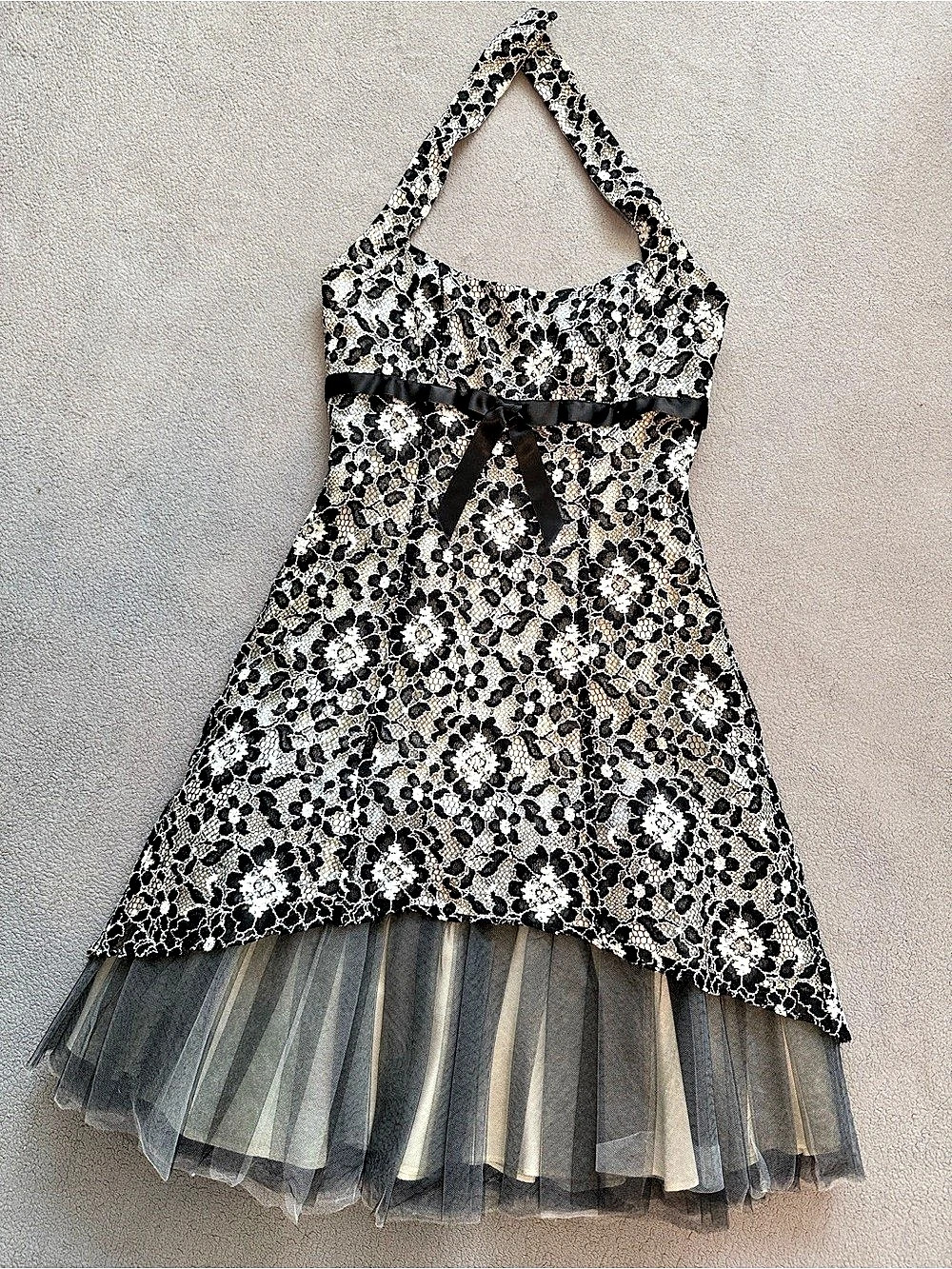 Floral Tulle Mini Dress in Black & Gold Like New